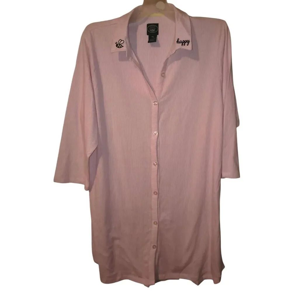 Laura Ashley Nightshirt Women's XL Pink White Striped Sleepshirt Pajama BEE Happ